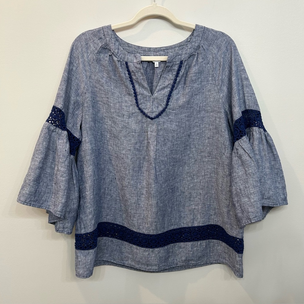 Crown & Ivy Linen Blouse Bell Quarter Sleeves Crochet Details V-neckline Size M
